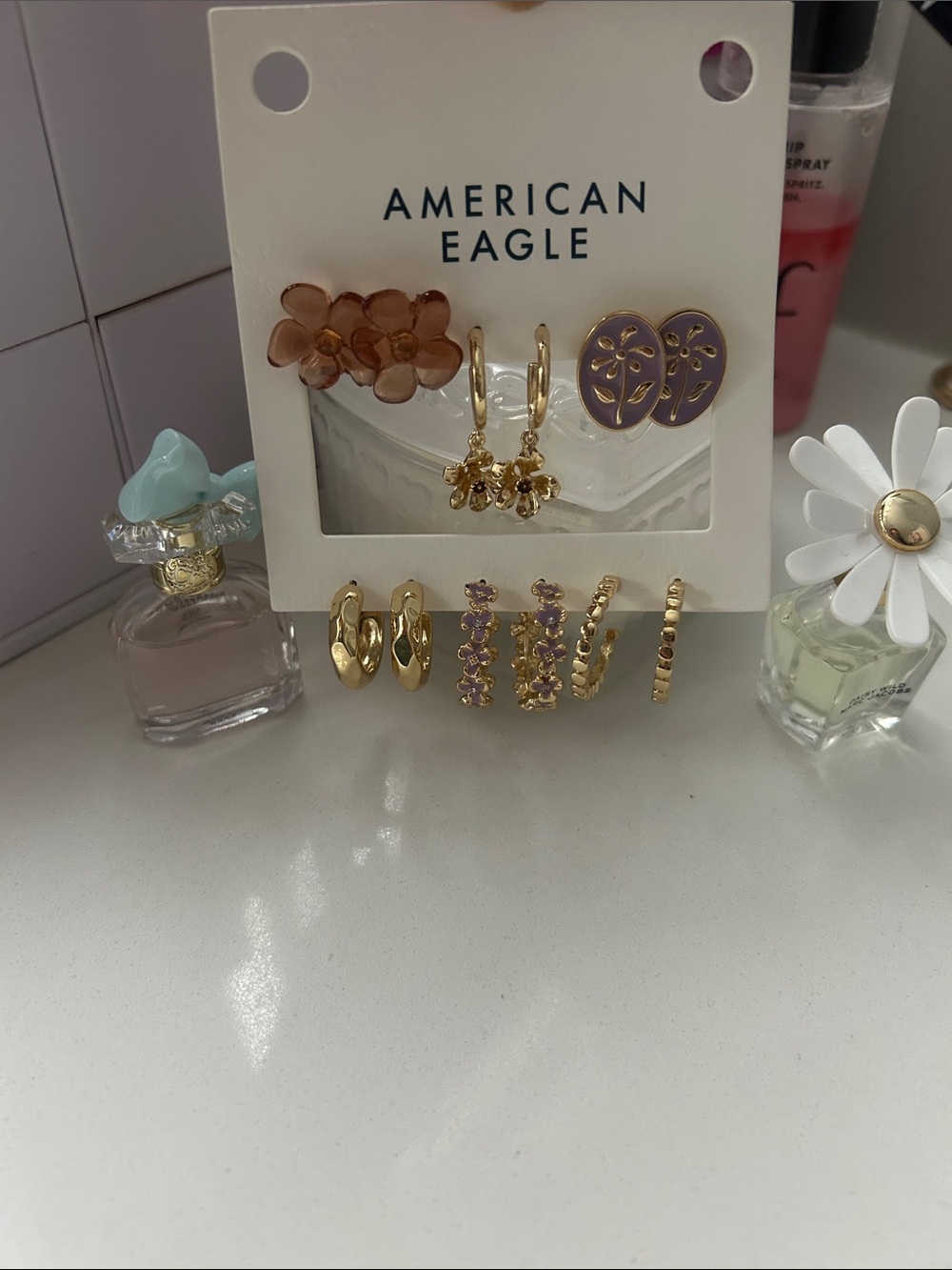 American Eagle Outfitters Gold & White Mixed Earring Set with Lavender Accents
